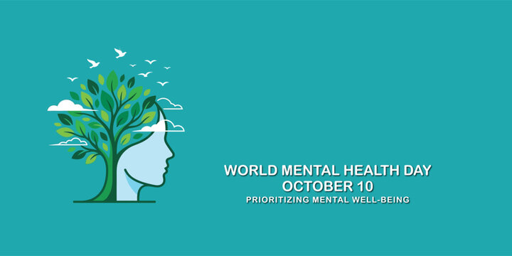 World Mental Health Day with tree growing from head and birds flying. 