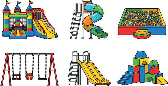 Kids Playground Equipment Vector Set Featuring Bouncy Castle, Spiral Tube Slide, Colorful Ball Pit, Garden Swings, Double Slide, and Soft Play Blocks Structures