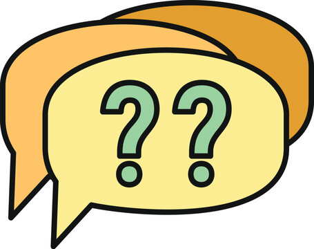 Two overlapping speech bubbles displaying green question marks for communication and confusion
