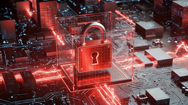 Cybersecurity padlock animation with red digital network protection, encrypted data security, advanced cyber defense infrastructure and futuristic technology concept