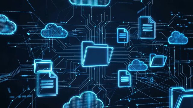 Digital folders and glowing file icons interconnected within deep blue cyberspace, illustrating secure cloud storage, seamless data synchronization, intelligent information management, 4K video