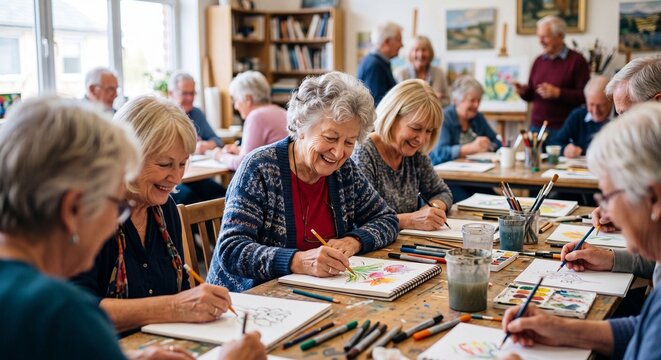 A group of older adults sits around a long table focused on painting and drawing during a creative group art workshop