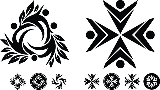 Solid black eco community triad logo set with symmetrical cross team and partnership icons