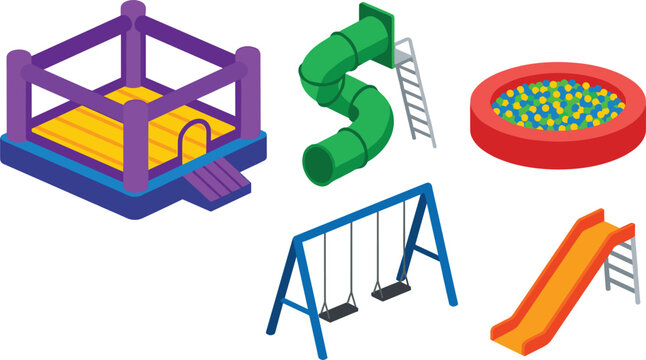 Isometric Kids Playground Equipment Vector Set Featuring Bouncy Castle, Spiral Tube Slide, Ball Pit Pool, Garden Swings, and Straight Slide Park Structures