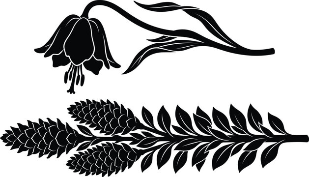 Solid black fritillaria flower silhouette vector set with exotic scaly ginger lily spike icon