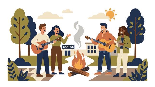 Diverse students playing guitars and singing around a campfire on campus
