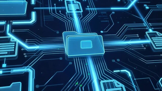 Digital folders and glowing file icons interconnected within deep blue cyberspace, illustrating secure cloud storage, seamless data synchronization, intelligent information management, 4K video