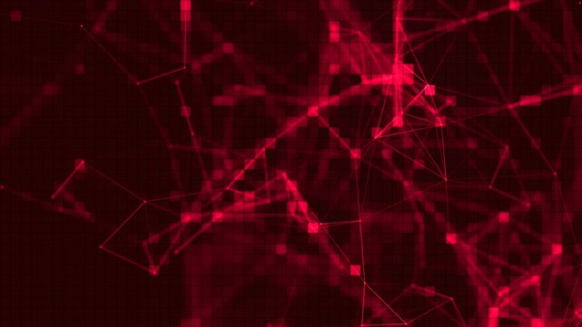 Abstract digital dots and connecting lines. Interconnected animated nodes and lines on a dark red background. Technological context. Network connection structure. Intertwining effect. 4K animation