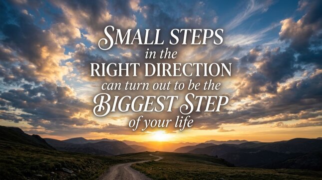 Inspirational quote about taking small steps towards big life changes at sunset.