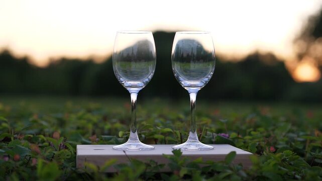 Pair of empty wineglass at small wooden desk, green environment, evening time. Blurred trees and sunset light on background. Wine farm at european midland, custom and craft winemaking concept