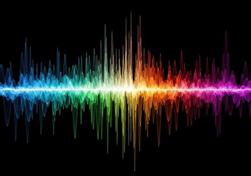 Abstract visual representation of a complex sound wave pattern displaying digital frequency and amplitude modulation on a dark field background, signal, wave, flow