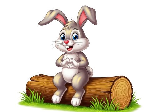 A cartoon rabbit sitting on a log with grass isolated on white background