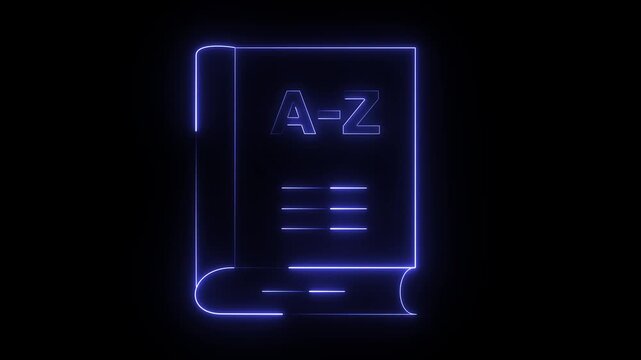 A glowing neon line icon of a translator book or dictionary. It features the letters A-Z on the cover, representing vocabulary and language translation.