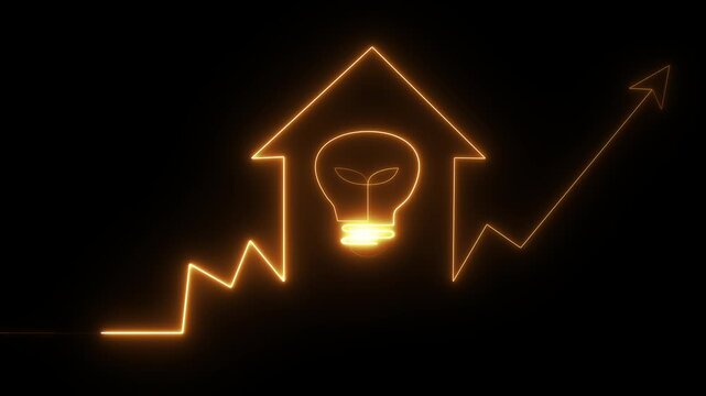 A glowing orange house outline with a central light bulb icon and a rising graph line, frequently used to represent smart home technology and energy efficiency.