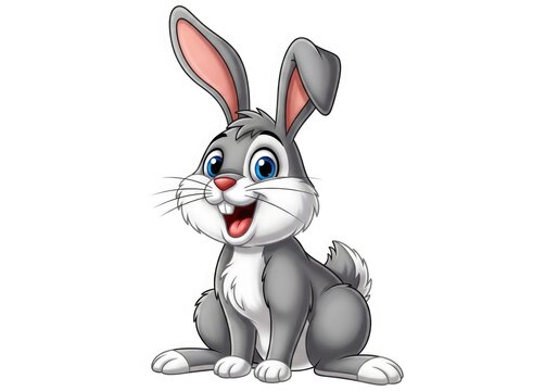 A cartoon grey and white rabbit with big blue eyes and a cheerful expression isolated on white background