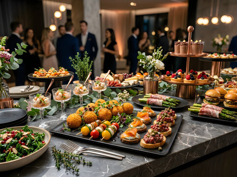 Abundant gourmet catering buffet table with delicious appetizers and finger food at a fancy evening gala event