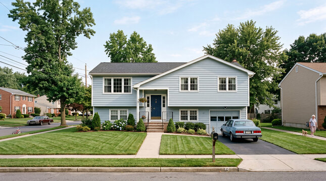 Traditional split level house with blue siding and a classic car in the driveway, showing suburban life and housing
