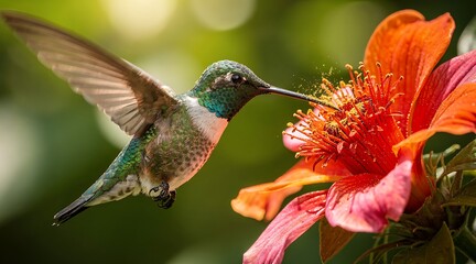 Fototapeta premium Close-up of a hummingbird hovering while feeding on a vibrant orange flower.