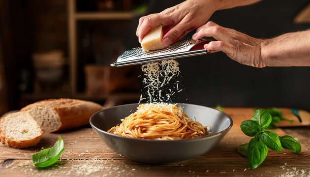 hands grating parmesan cheese over a bowl of spaghetti in a rustic kitchen with bread and basil