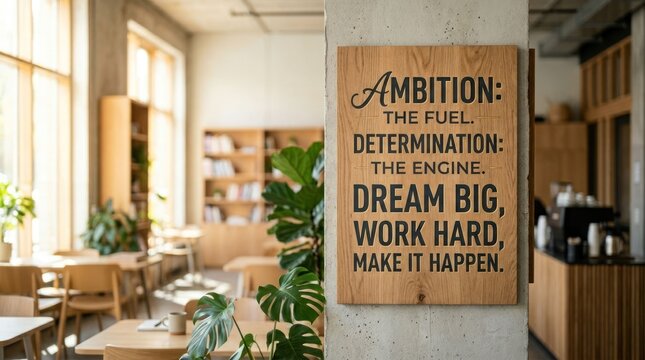 Inspirational Quote Sign in a Modern Cafe Interior with Natural Light and Green Plants.