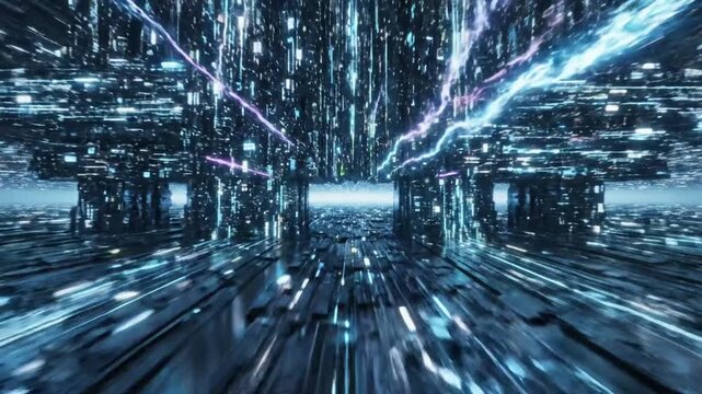 Futuristic blue data tunnel with circuit board patterns
