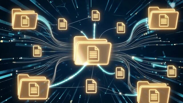 Digital folders and glowing file icons interconnected within deep blue cyberspace, illustrating secure cloud storage, seamless data synchronization, intelligent information management, 4K video