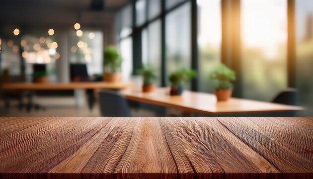wood table blurred office background empty table front view interior modern room soft light window bokeh workspace