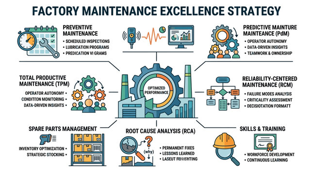 Factory Maintenance Excellence Strategy Infographic: TPM, RCA, PDM, RCM, Skills