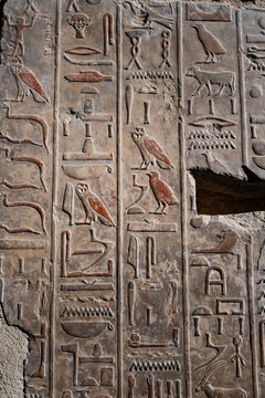 A closeup detail shot of stone carvings of Egyptian hieroglyphs in the Temple ofHatshepsut, Luxor. Egypt