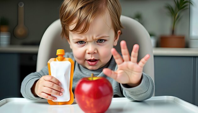 stubborn toddler (2-3 years) in a high chair during mealtime. Child frowns, rejects an apple, prefers packaged fruits. Concept of picky eating and kids&rsquo; nutrition.