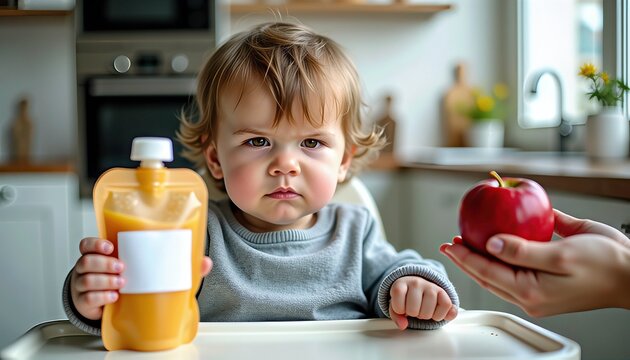 toddler with a stubborn expression rejects an apple and insists on puree from a pouch. Concept of children's food preferences, highlighting determination and developing taste.