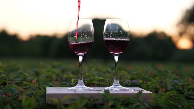 Second glass filled with dark red wine, slow motion shot, blurred background. Evening relax time, thin trickle from falling drops fill wineglass to half. Small leaves around, nature environment