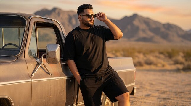 Young South Asian man in sunglasses leaning against an old pickup truck in the desert at sunset. Generative Ai