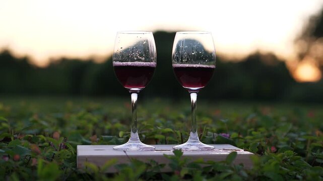 Pair of wineglass filled with burgundy stand on desk against blurred green background, evening time in country area. Custom made farm wine ready for dinner time rest