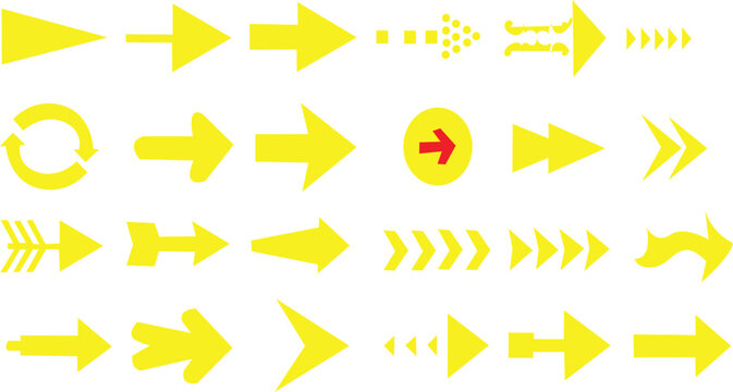 Set of various yellow arrow shapes and direction signs for design projects and navigation elements on a simple flat graphic style collection