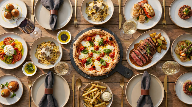 Top view of a delicious italian pizza surrounded by various gourmet plates on a rustic wooden table for a dinner party