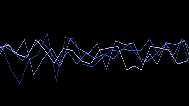 Abstract motion graphic with blue and lavender lines on black background. Starts with jagged digital peaks transitions to smooth waves. Ideal for tech presentations, music visualizers or data concepts