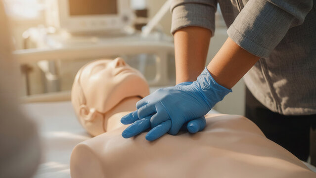 Hands in blue gloves performing chest compressions on CPR training mannequin, first aid certification and emergency medical education