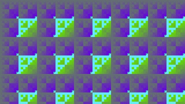 Abstract geometric pattern with purple, green, and cyan squares creating a tiled visual effect.