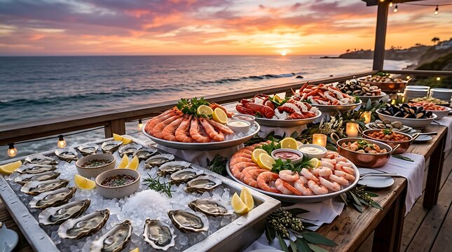 Fresh seafood buffet with oysters shrimp and appetizers served on an outdoor restaurant table overlooking a beautiful sunset over the ocean water at dusk. coastal buffet setup