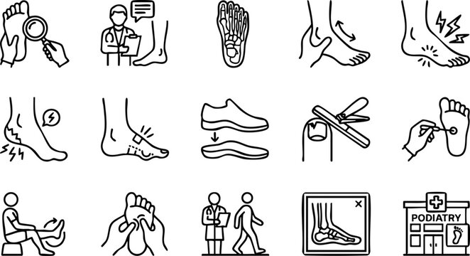 Podiatry medical care and foot health examination line icon set with podiatry examination analysis