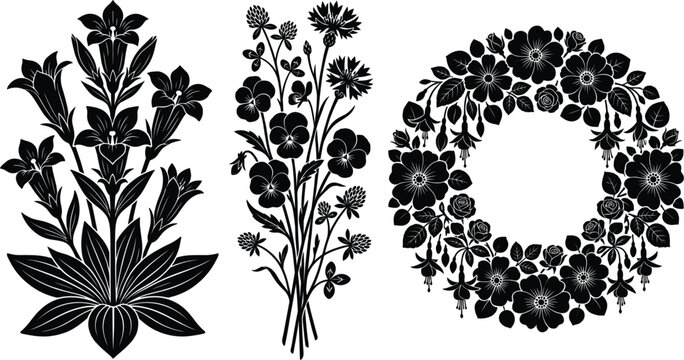 Solid black wildflower wreath silhouette vector set with symmetrical bellflower and pansy bouquet