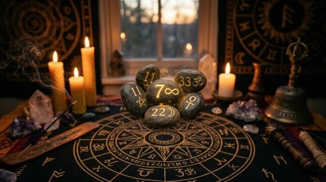 Mystical Altar with Astrological Chart and Numerology Dice for Fortune Telling and Spiritual Practice.