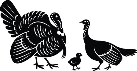 Fototapeta premium Turkey Family Silhouette Vector Illustration Featuring Adult Birds and Chick Isolated on White Background for Farm Poultry Wildlife Design