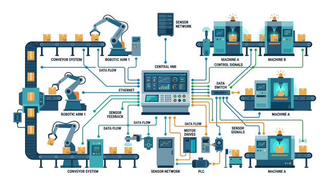Industrial Automation System: Robotic Arms, Conveyors, and Control Hub