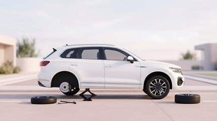 Fototapeta premium White crossover vehicle raised on jack for wheel replacement in clean urban setting