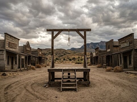 Old West Ghost Town with Gallows Under a Dramatic Sky.