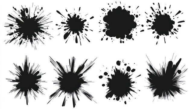 Radial explosion silhouette. Exploding bursts, round explosions cloud and exploded bomb effect black silhouettes. Explosion burst dust, power bombs explode effect. Isolated symbols graphic vector set