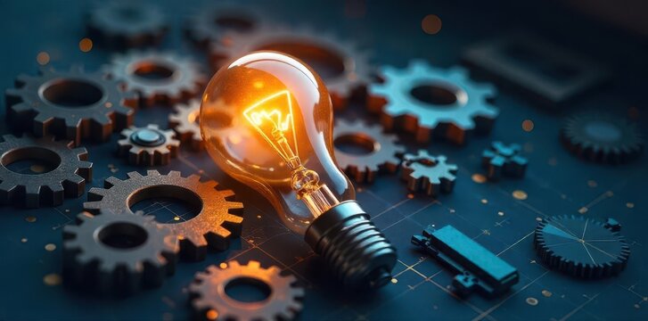 A light bulb surrounded by gears and graphs, symbolizing innovation and ideas for business and technology concepts, success, business