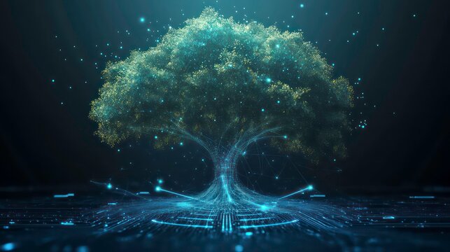 tree data technology on blue dark background. digital circuit board internet connection. vector illustration futuristic hi-tech style